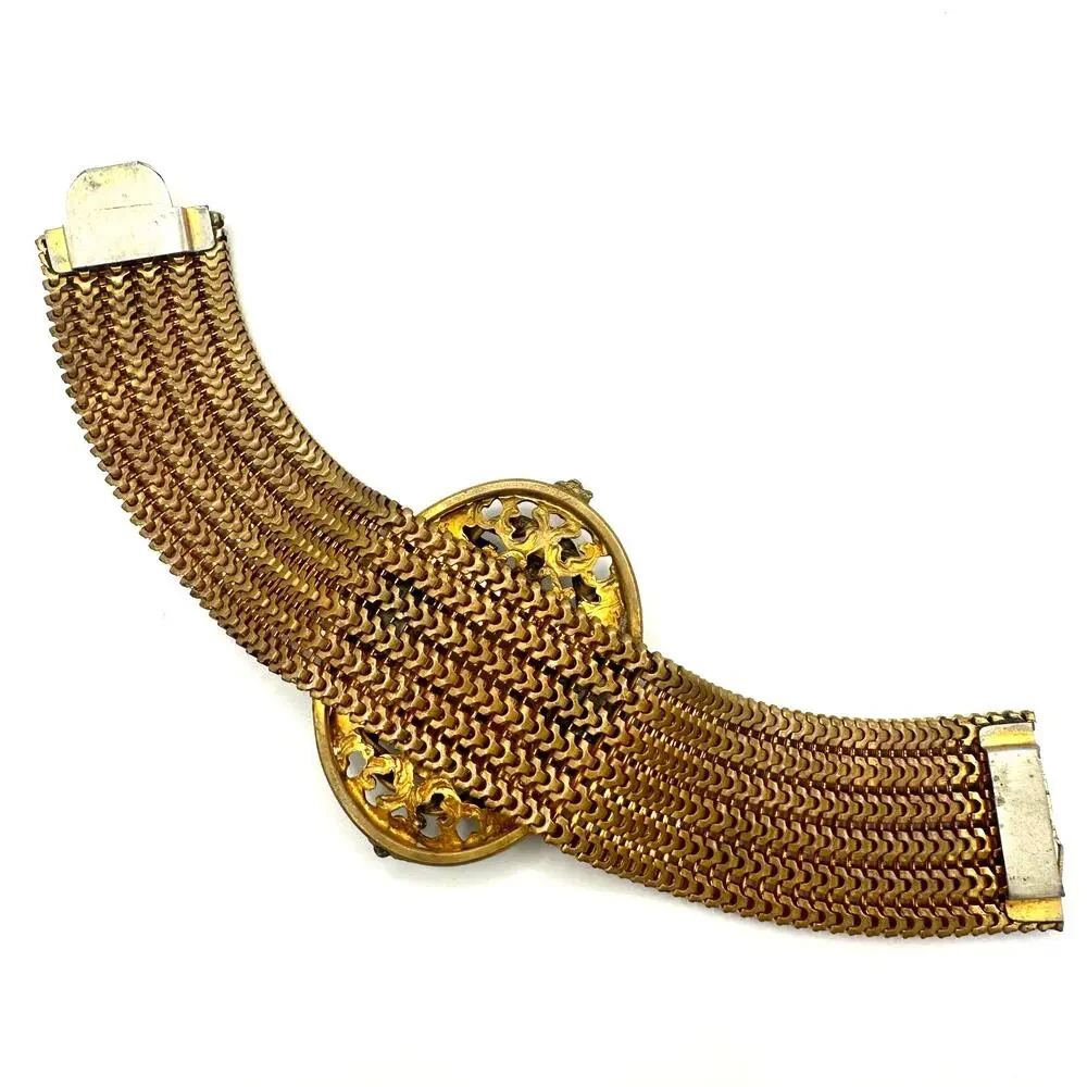 Vintage Victorian Revival gold tone hand painted portrait mesh bracelet